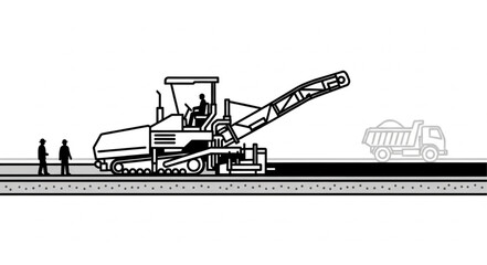 Road milling machine working on asphalt surface with workers and truck. © ganis