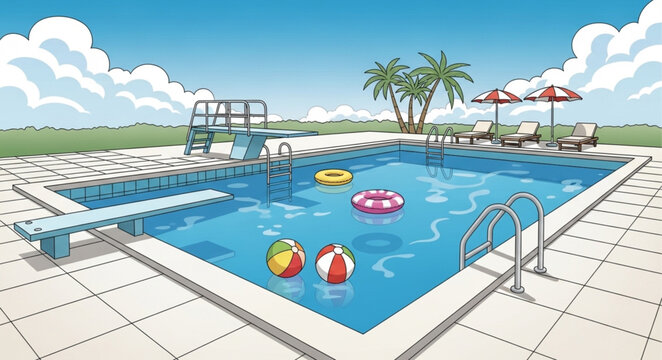 Refreshing Swimming Pool with Inflatable Toys and Lounge Chairs.