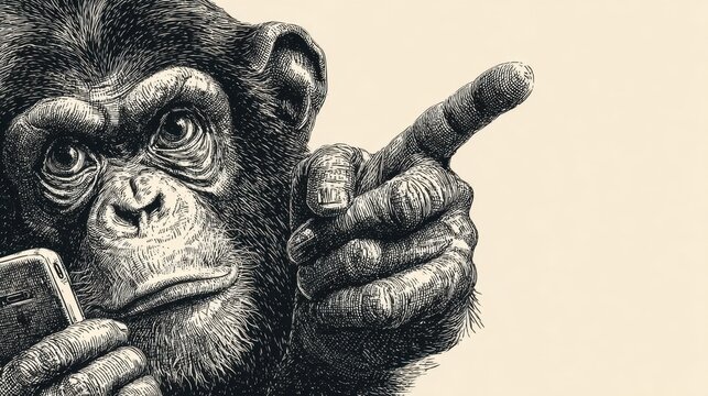 Monkey using smartphone and pointing