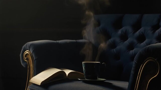 A cozy scene an open book and a steaming mug of something on a tufted chair
