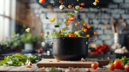 Brightly coloured vegetables spilling out of a saucepan in the kitchen capture the chaos and joy of cooking — a perfect backdrop for food blogs or kitchenware adverts.