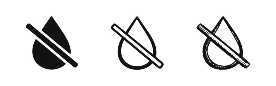 No water or water-free zone icon set, crossed out water drop symbolizing drought or prohibition.