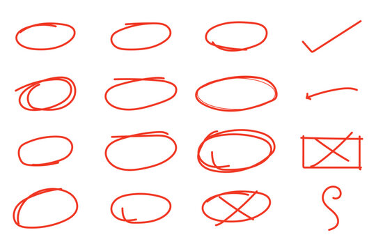 Hand drawn pen line highlight red set. Line red hand drawn pen marker stroke arrow, check mark emphasis. Round oval, circle scribble frame, arrow elements . Vector illustration