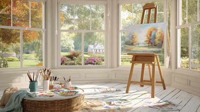 Cozy sunlit art studio corner with easel displaying an autumn landscape painting, surrounded by large windows overlooking a vibrant garden