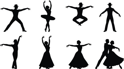 Professional dance silhouette collection featuring ballet tutu ballerina ballroom couples and jazz performers in various elegant poses isolated on white background vector © Neural Nexus