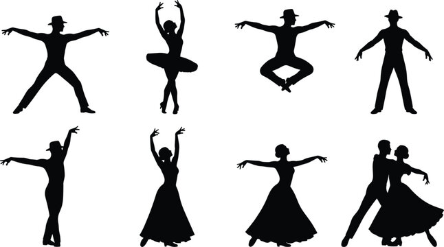 Professional dance silhouette collection featuring ballet tutu ballerina ballroom couples and jazz performers in various elegant poses isolated on white background vector
