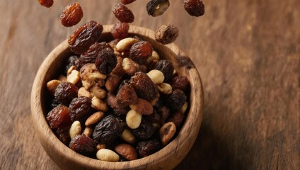 Fototapeta premium A wooden bowl filled with assorted nuts and raisins, some falling onto the contents