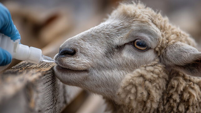 Closeup of sheep receiving oral dewormer treatment in farm setting