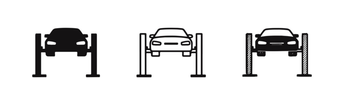 Car lift vehicle hoist icon set for auto repair and maintenance service, showing elevated car