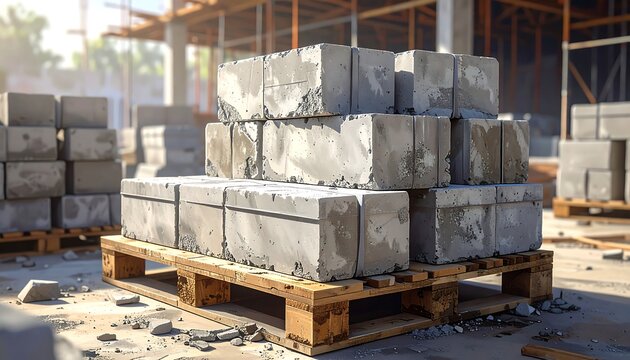 A stack of concrete blocks on a wooden pallet in a construction site