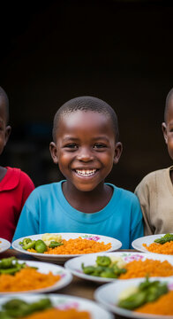 Close-up of African children smiling with plates of orange food and green vegetable, representing nutrition, health, and community feeding program
