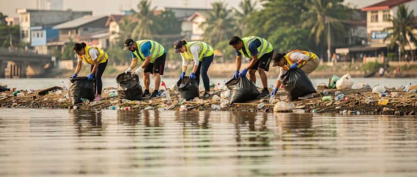 Volunteers wearing bright vests and gloves work together cleaning plastic waste from a polluted riverbank filling large black bags with collected rubbish