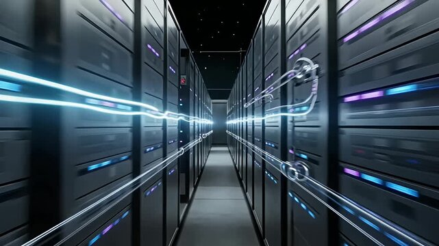 Vast server room aisle featuring glowing hardware racks within a futuristic computing data center facility, networking, infrastructure, connectivity.