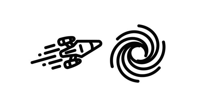 Spaceship traveling towards a black hole or wormhole vortex icon depicting galactic exploration warp speed and astrophysics concept in minimalist black line art style on white background