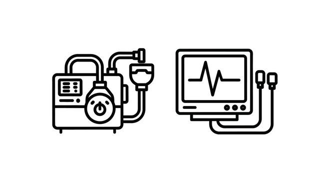 Medical equipment icon set featuring cpap ventilator breathing machine and heart rate monitor with ekg pulse waveform in minimalist black line art style for healthcare and hospital technology