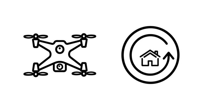 Drone technology icon set featuring quadcopter and return to home functionality with rth symbol and house icon in minimalist black line art style on white background for tech design projects