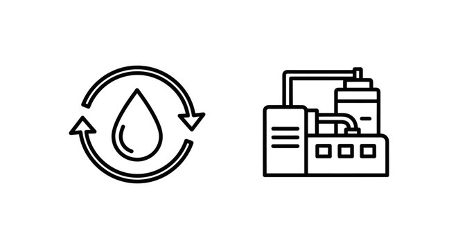Water recycling and industrial recycler linear icons set featuring a water drop symbol with circular arrows and a treatment facility plant for sustainable resource and environment management