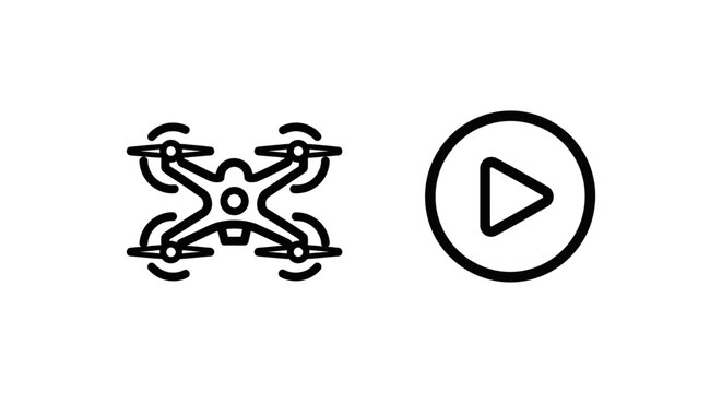 Drone live feed and streaming icons set with quadcopter and play button symbol for aerial surveillance, remote broadcasting, wireless technology monitoring, and digital media flight concepts