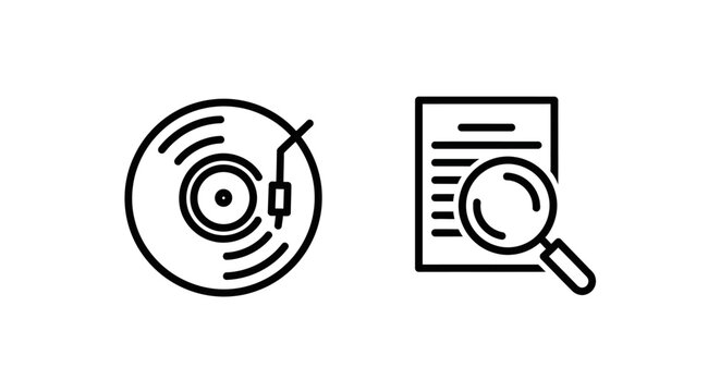 Vinyl record player turntable and document search with magnifying glass linear icons for music analysis, data research, audio file exploration, and vintage media investigation on white background