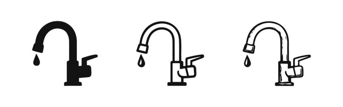 Faucet with dripping water icon set, symbolizing water waste, conservation, and plumbing issues