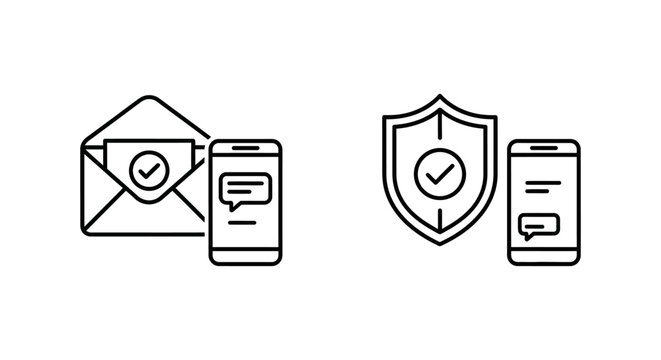 Otp sent and verified icon set with mobile smartphone envelope and security shield symbols for multi factor authentication and secure user access login identity process illustrations