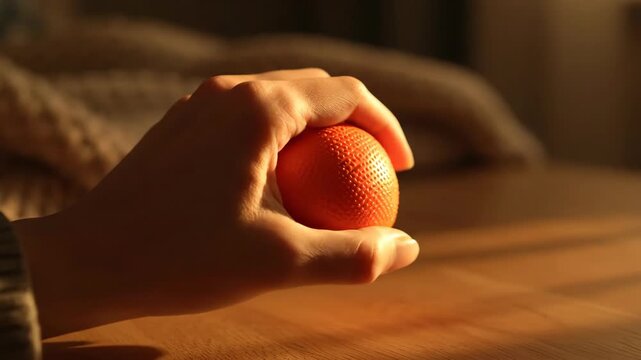 Hand holding an orange stress ball on a wooden surface in sunlight
