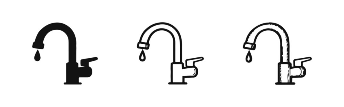 Faucet with dripping water icon set, symbolizing water waste, conservation, and plumbing issues
