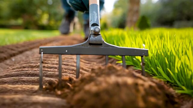 Close view of garden rake cultivating soil in neat rows beside green plants in outdoor farm setting with rich earth texture and sunlight