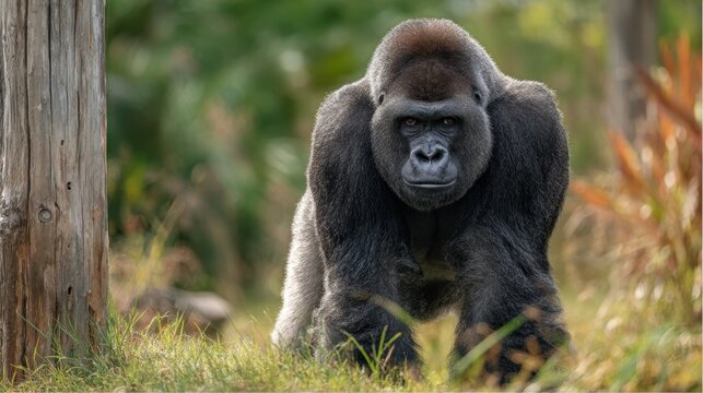 Majestic silverback gorilla staring directly at the camera in a lush green habitat