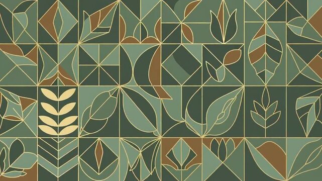 geometric leaf pattern with gold lines on green and brown tiles