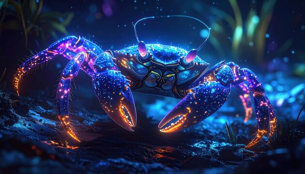 Glowing, electric crab creature illuminated in deep ocean setting, shimmering and vibrant
