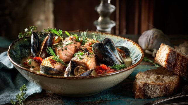 Rich seafood stew with salmon and mussels in a rustic bowl with crusty bread