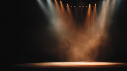 Naklejka premium Dramatic Empty Stage with Spotlight and Fog for Theatrical Performance, Presentation or Artistic Showcase in a Darkened Atmosphere