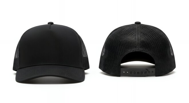 A plain black trucker hat shown from the front and back views