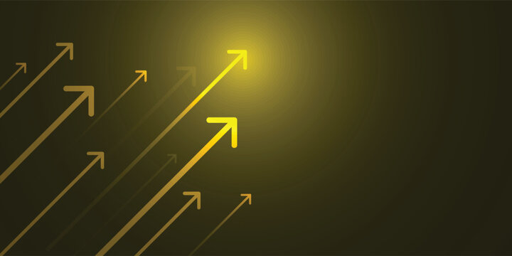 Glowing arrow on dark yellow background, business growth competition concept.
