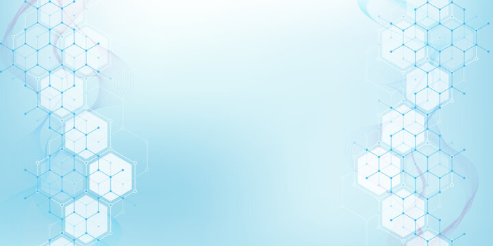 Health care or medical abstract background with hexagons, lines and dots. Scientific innovation banner template concept. Biology and pharmaceutical technology background. Vector illustration.