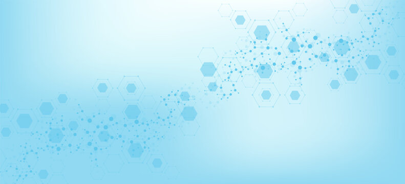 Health care or medical abstract background with hexagons, lines and dots. Scientific innovation banner template concept. Biology and pharmaceutical technology background. Vector illustration.