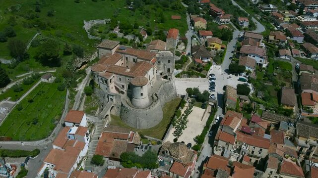 Town of Venafro, Molise - Drone view, turnaround on Pandone Castle and Annunziata church