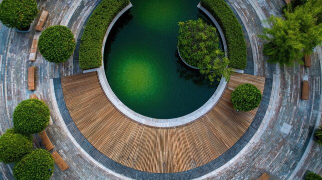 Aerial view of modern circular garden design featuring a dark green pond, wooden decking, and sculpted greenery