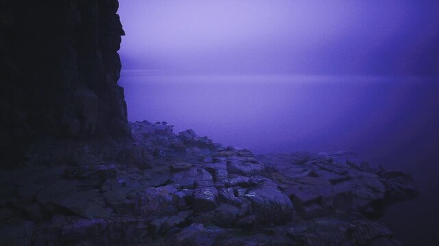 Dreamlike purple coastal rock shelf glowing, smooth reflective water, cliff silhouette framing soft color wash, surreal low light reflections, contemplative
