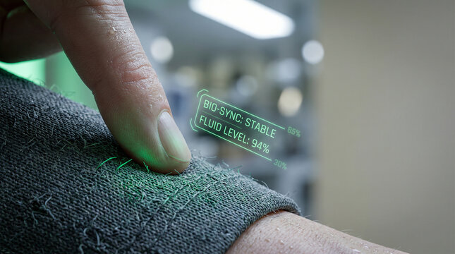 Close up of finger on smart clothing with bio-sync HUD interface