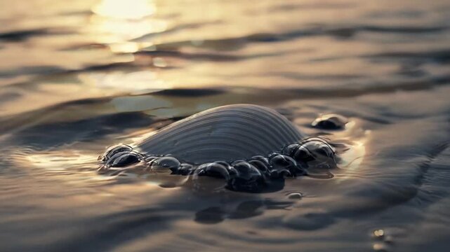 Seashell Floating in Shallow Water with Soft Waves