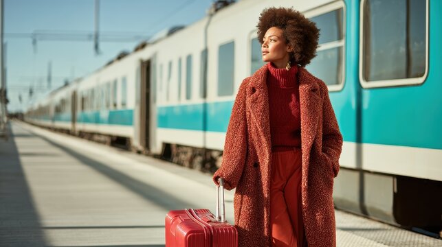 Stylish woman with afro hair in a long red coat waiting on a train platform next to a passenger train with a turquoise stripe