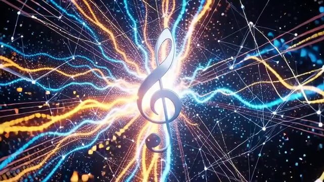 Vibrant music treble clef with electric blue and orange lightning bolts on dark background