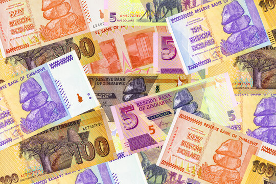 A diverse collage and background of Zimbabwean currency. 5 dollars and 100 dollars mixed with the famous hyperinflation-era notes 10 Billion and 50 Billion dollars.