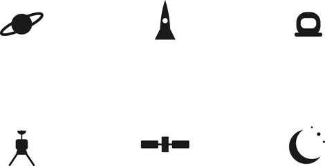 Hand-drawn minimalist black space icons featuring planet Saturn rocket helmet lunar module satellite and crescent moon authentic illustration © RohossomoyFacts