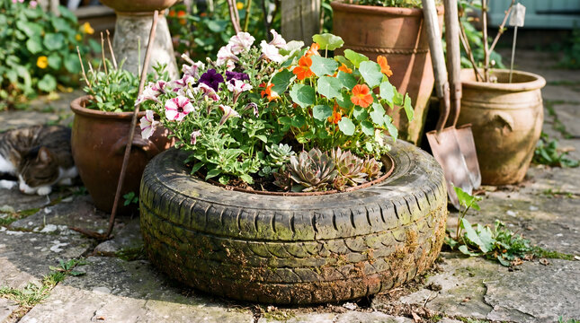 Garden scene with plants and flowers growing in a tire surrounded by pots in a quiet backyard in the afternoon