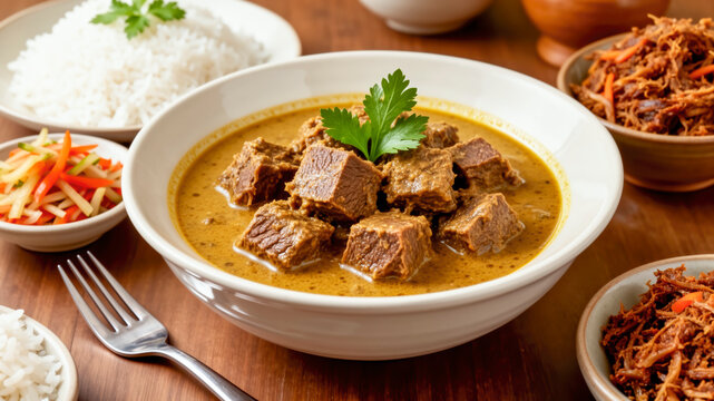 Traditional Indonesian Gulai Sapi beef curry served with rice and side dishes, showcasing rich culinary heritage, authentic flavors, and savory comfort food concepts