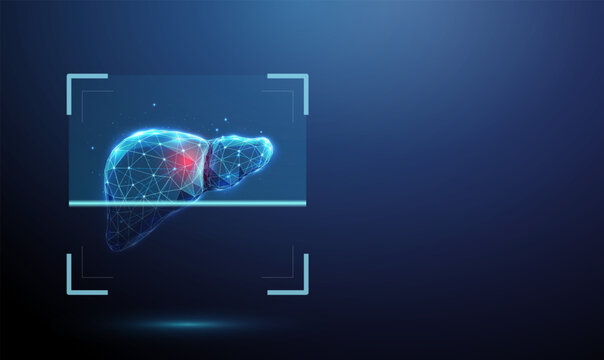 3d blue human liver inside digital scanning frame with and red spot. Hepatic examination, lesion detection, liver disease identification, tissue abnormality screening concept.