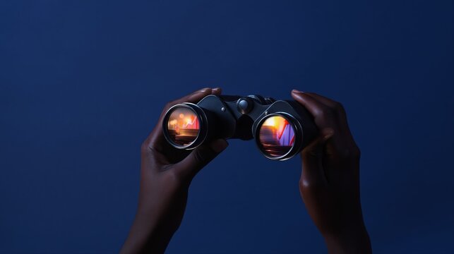 Hands holding binoculars reflect glowing coins and growth arrows against a dark blue background. A modern concept image symbolizing business growth and financial planning.